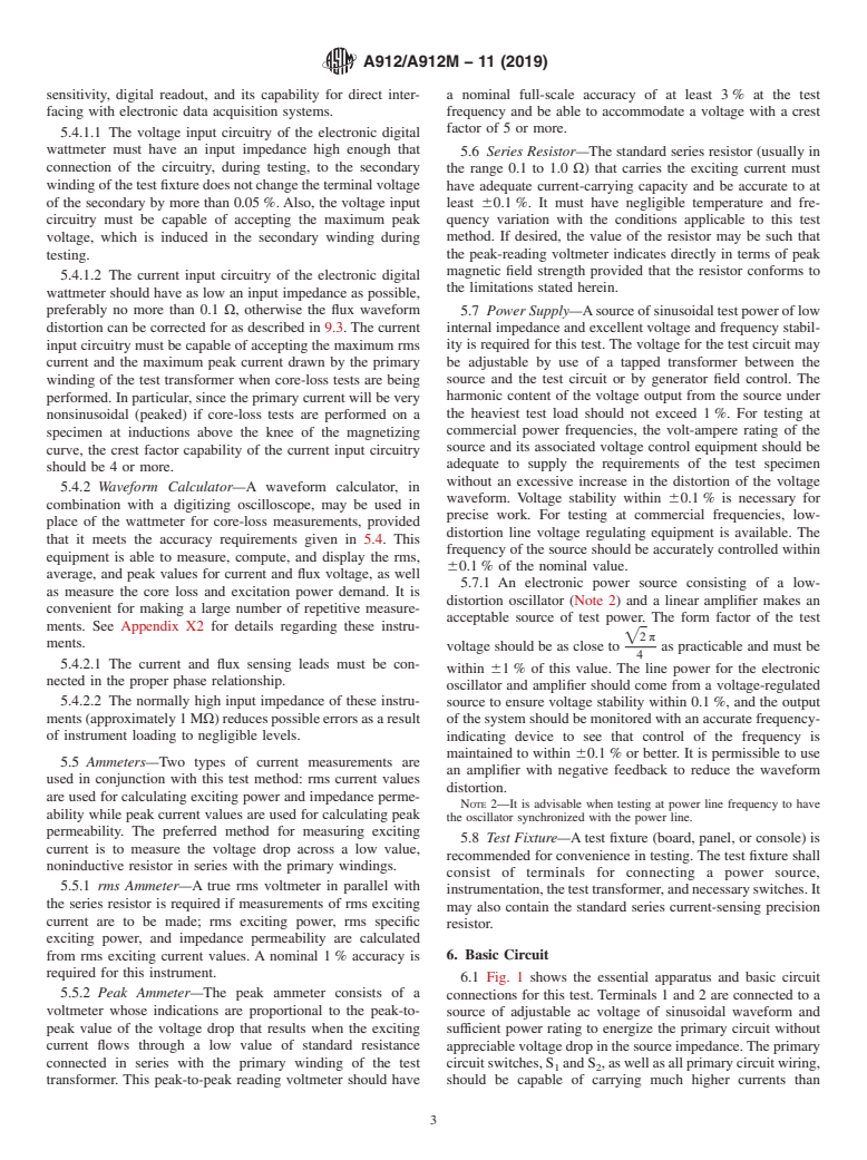 ASTM A912/A912M-11(2019) - Standard Test Method for  Alternating-Current Magnetic Properties of Amorphous Materials   at Power Frequencies Using Wattmeter-Ammeter-Voltmeter Method with   Toroidal Specimens