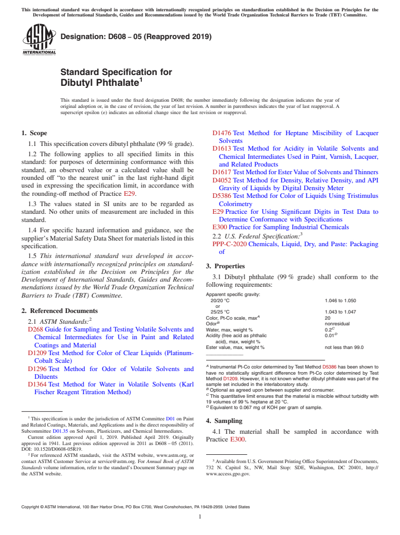ASTM D608-05(2019) - Standard Specification for  Dibutyl Phthalate