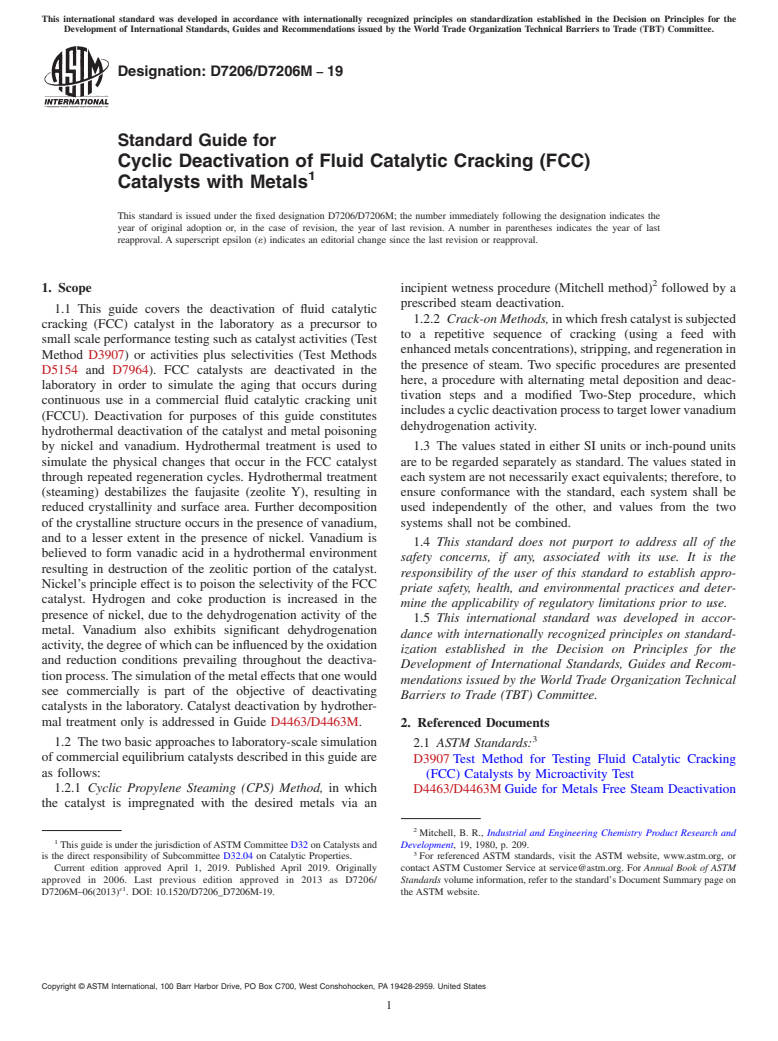 ASTM D7206/D7206M-19 - Standard Guide for  Cyclic Deactivation of Fluid Catalytic Cracking (FCC) Catalysts  with Metals