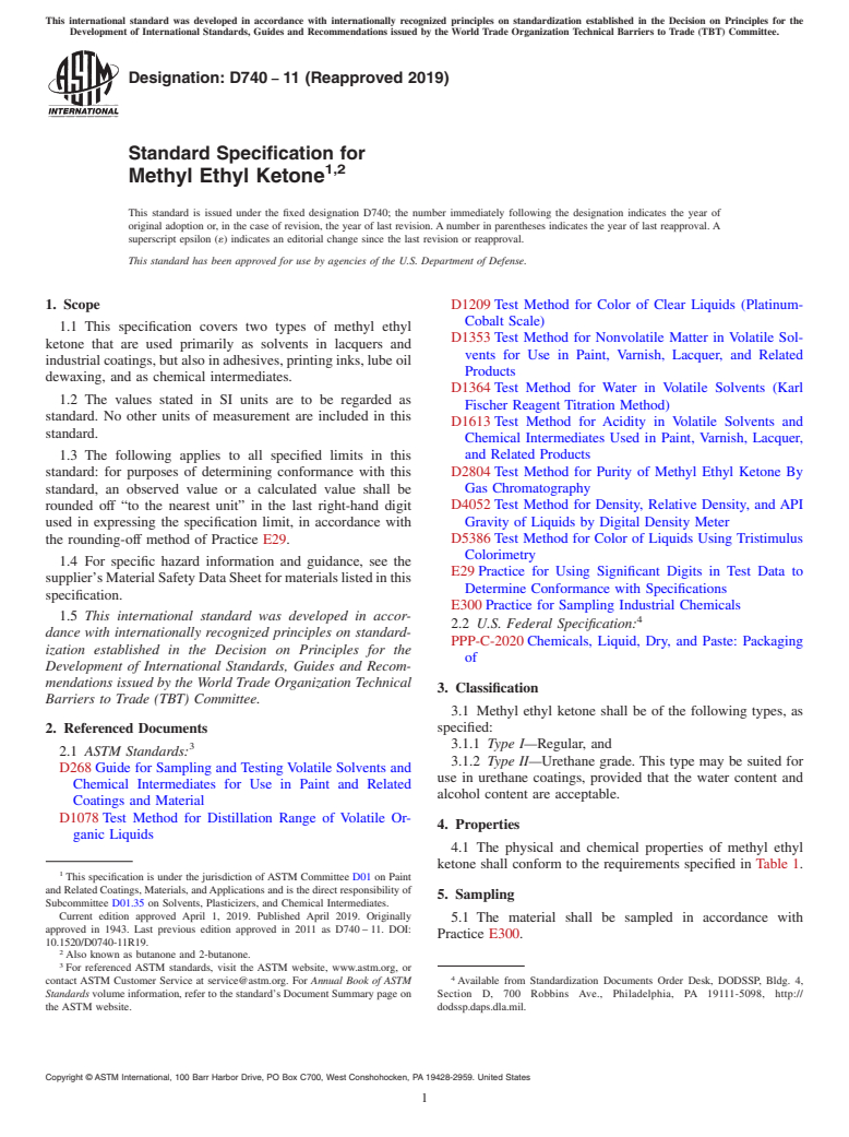 ASTM D740-11(2019) - Standard Specification for  Methyl Ethyl Ketone<sup>,</sup>