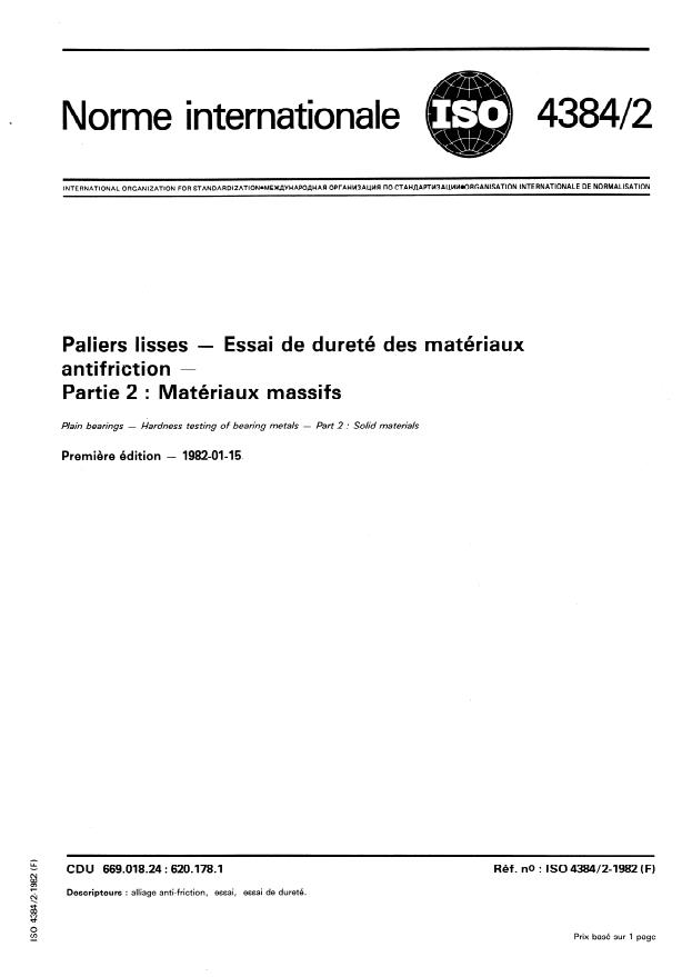 ISO 4384-2:1982 - Paliers lisses -- Essai de dureté des matériaux antifriction
