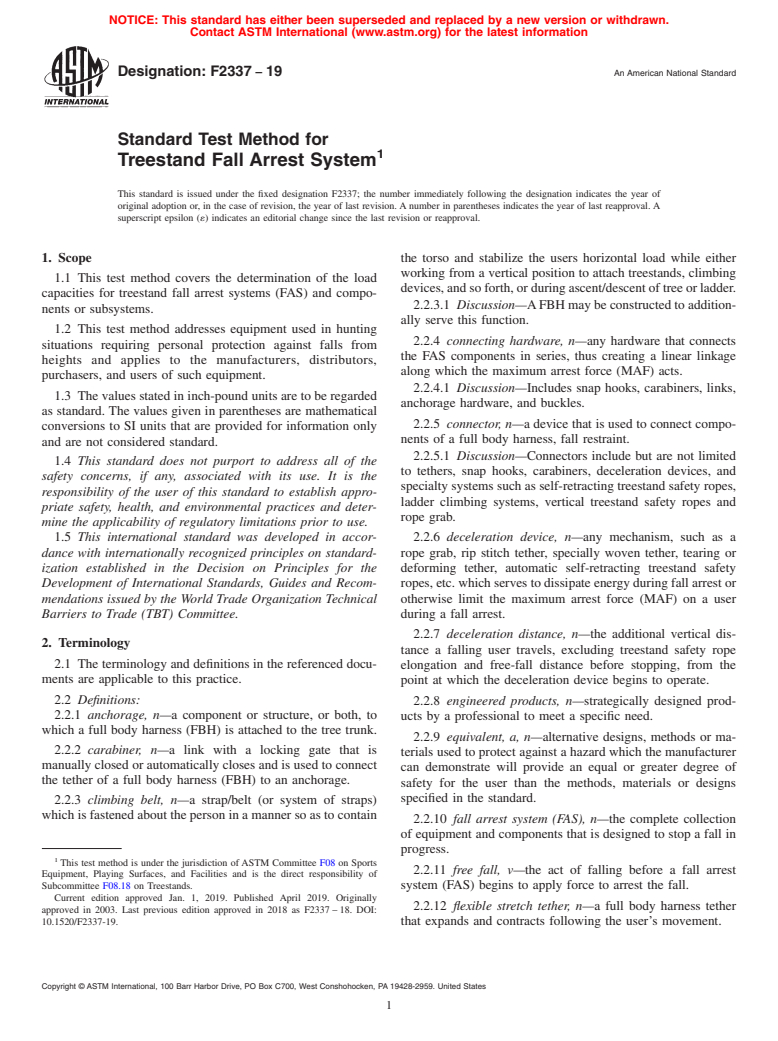 ASTM F2337-19 - Standard Test Method for  Treestand Fall Arrest System