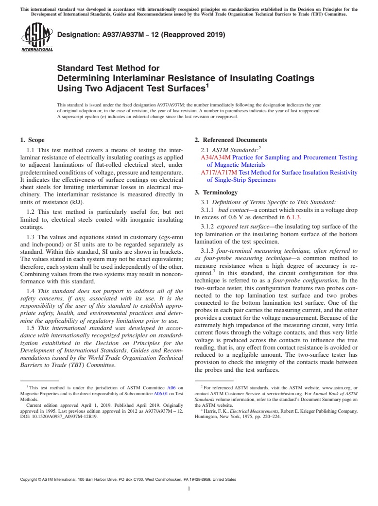 ASTM A937/A937M-12(2019) - Standard Test Method for Determining Interlaminar Resistance of Insulating Coatings   Using Two Adjacent Test Surfaces