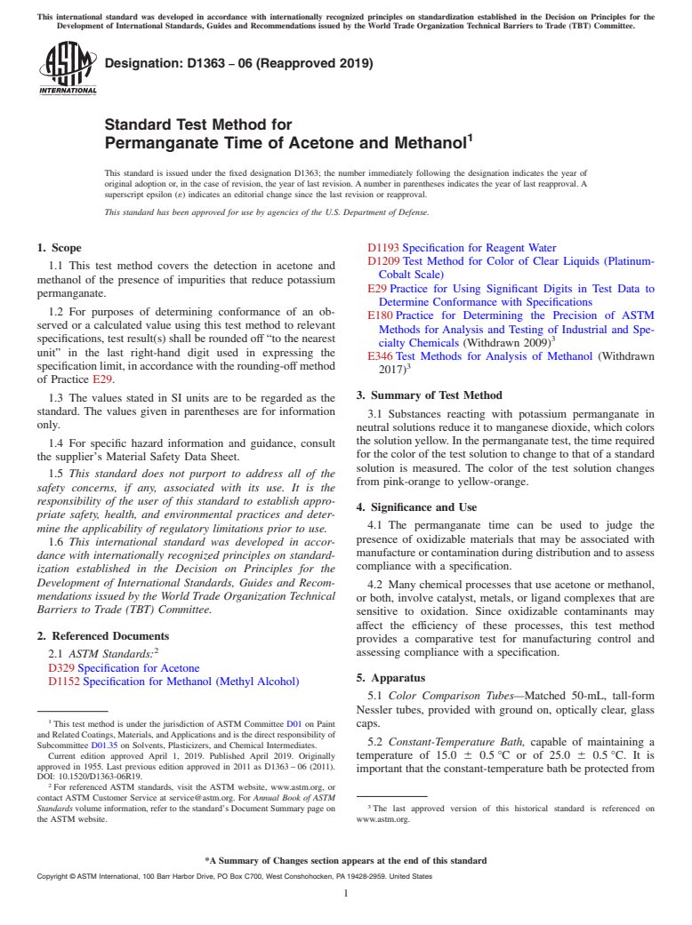 ASTM D1363-06(2019) - Standard Test Method for Permanganate Time of Acetone and Methanol
