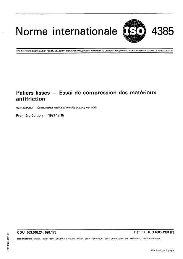 ISO 4385:1981 - Paliers lisses -- Essai de compression des matériaux antifriction