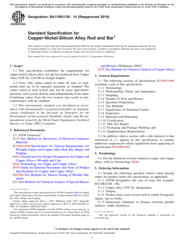 ASTM B411/B411M-14(2019) - Standard Specification for Copper-Nickel-Silicon Alloy Rod and Bar