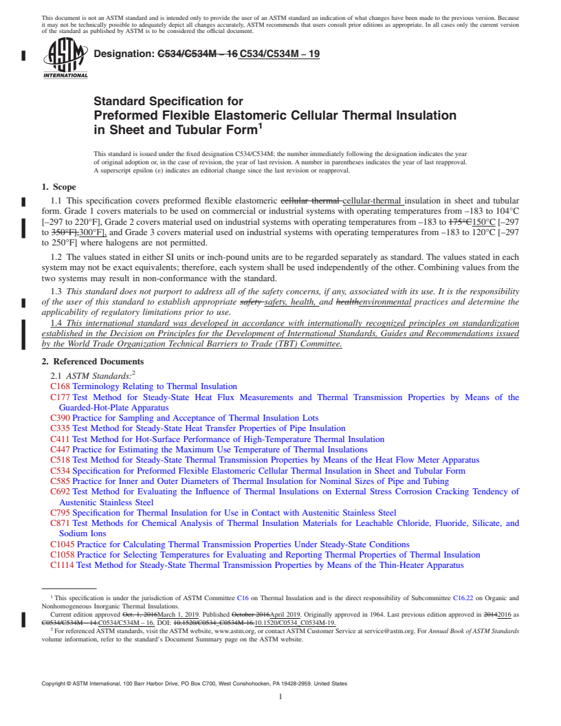 REDLINE ASTM C534/C534M-19 - Standard Specification for Preformed Flexible Elastomeric Cellular Thermal Insulation  in Sheet and Tubular Form