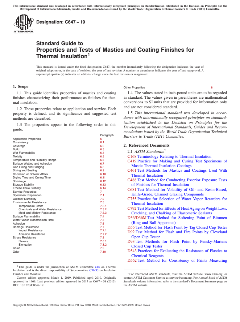 ASTM C647-19 - Standard Guide to  Properties and Tests of Mastics and Coating Finishes for Thermal  Insulation