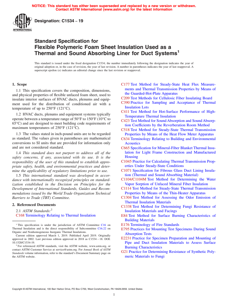 ASTM C1534-19 - Standard Specification for  Flexible Polymeric Foam Sheet Insulation Used as a Thermal  and Sound Absorbing Liner for Duct Systems