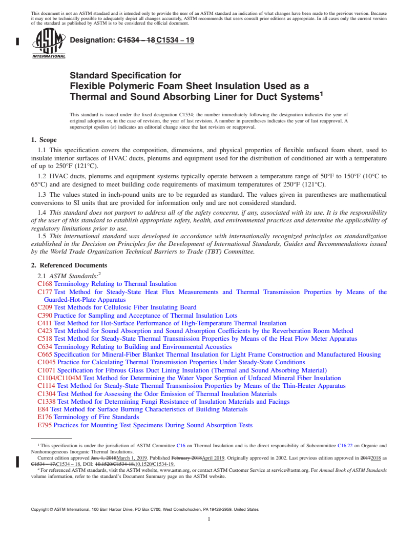 REDLINE ASTM C1534-19 - Standard Specification for  Flexible Polymeric Foam Sheet Insulation Used as a Thermal  and Sound Absorbing Liner for Duct Systems