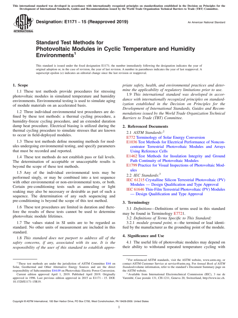 ASTM E1171-15(2019) - Standard Test Methods for  Photovoltaic Modules in Cyclic Temperature and Humidity Environments