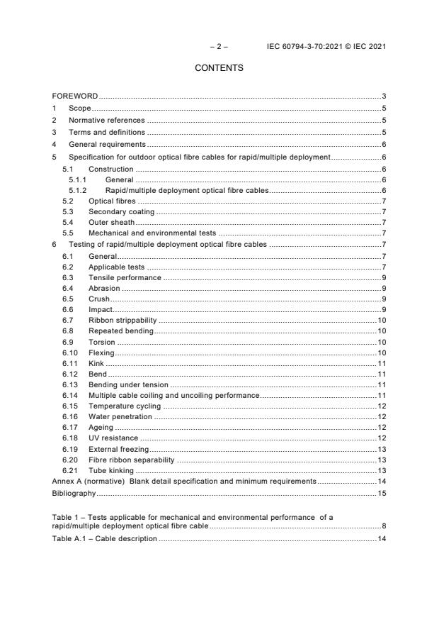 IEC 60794-3-70:2021 IEC 60794-3-70:2021 - Optical fibre cables - Part 3-70: Outdoor cables - Family specification for outdoor optical fibre cables for rapid/multiple deployment - Page 4 preview