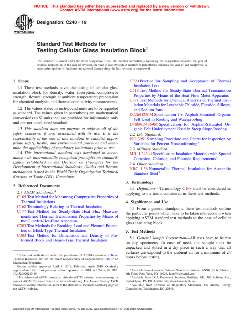 ASTM C240-19 - Standard Test Methods for Testing Cellular Glass Insulation Block