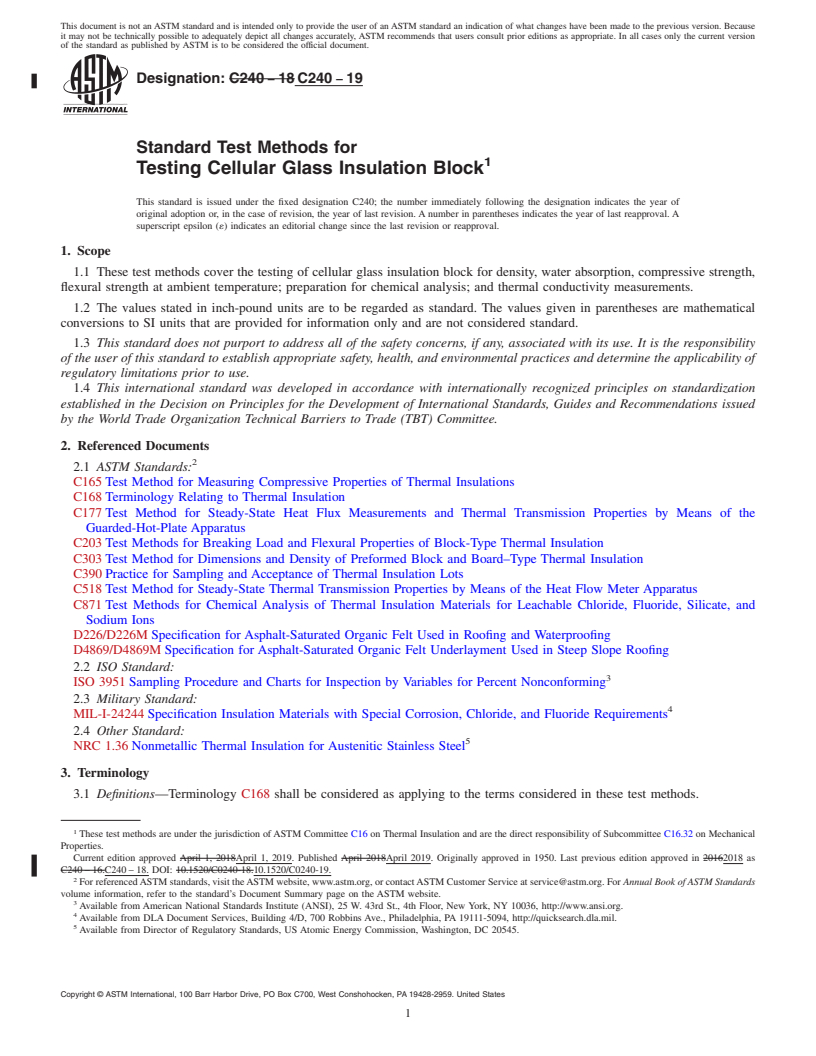 REDLINE ASTM C240-19 - Standard Test Methods for Testing Cellular Glass Insulation Block