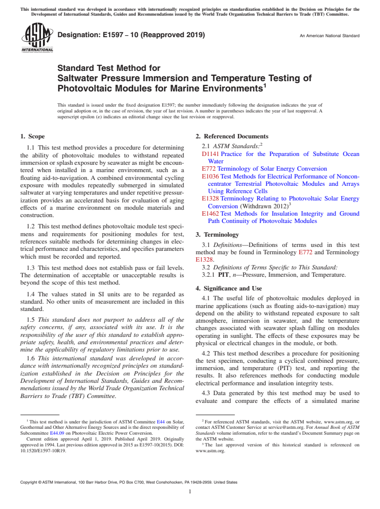 ASTM E1597-10(2019) - Standard Test Method for  Saltwater Pressure Immersion and Temperature Testing of Photovoltaic  Modules for Marine Environments