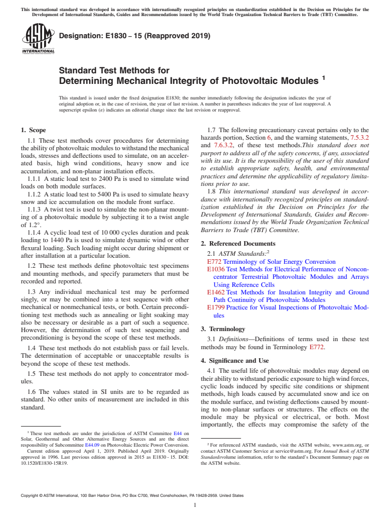 ASTM E1830-15(2019) - Standard Test Methods for  Determining Mechanical Integrity of Photovoltaic Modules