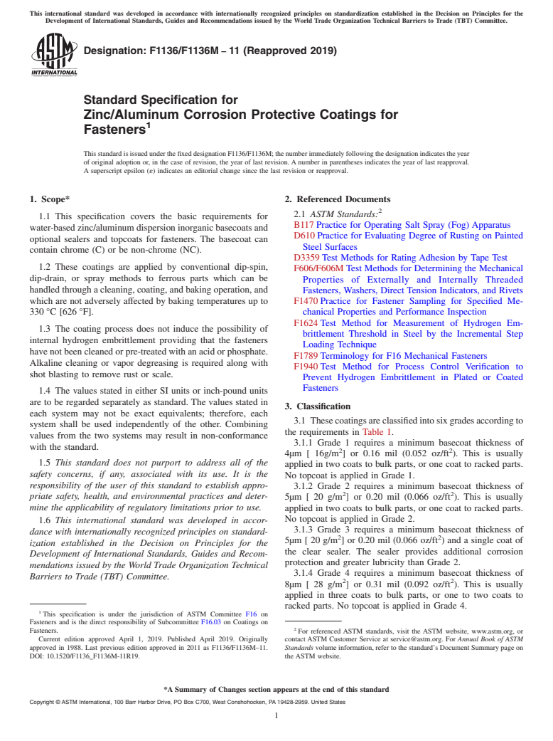 ASTM F1136/F1136M-11(2019) - Standard Specification for  Zinc/Aluminum Corrosion Protective Coatings for Fasteners