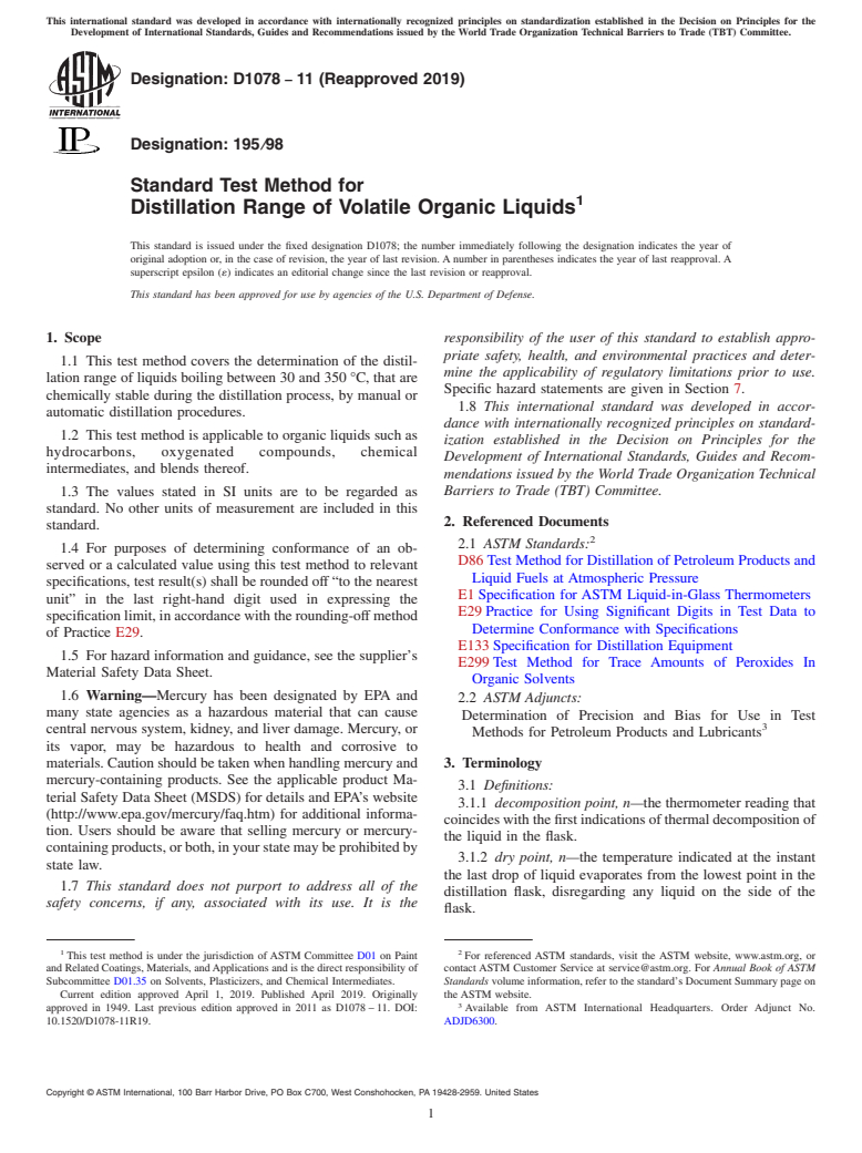 ASTM D1078-11(2019) - Standard Test Method for  Distillation Range of Volatile Organic Liquids