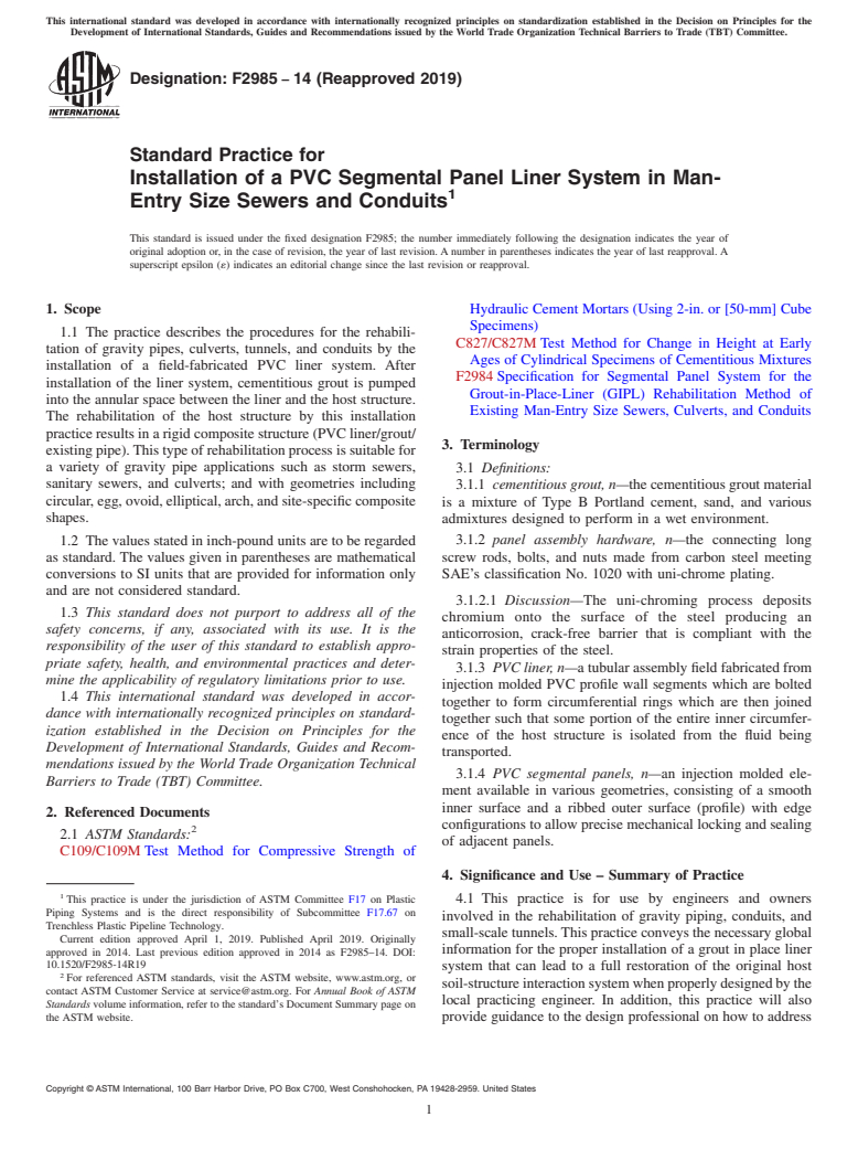 ASTM F2985-14(2019) - Standard Practice for Installation of a PVC Segmental Panel Liner System in Man-Entry  Size Sewers and Conduits