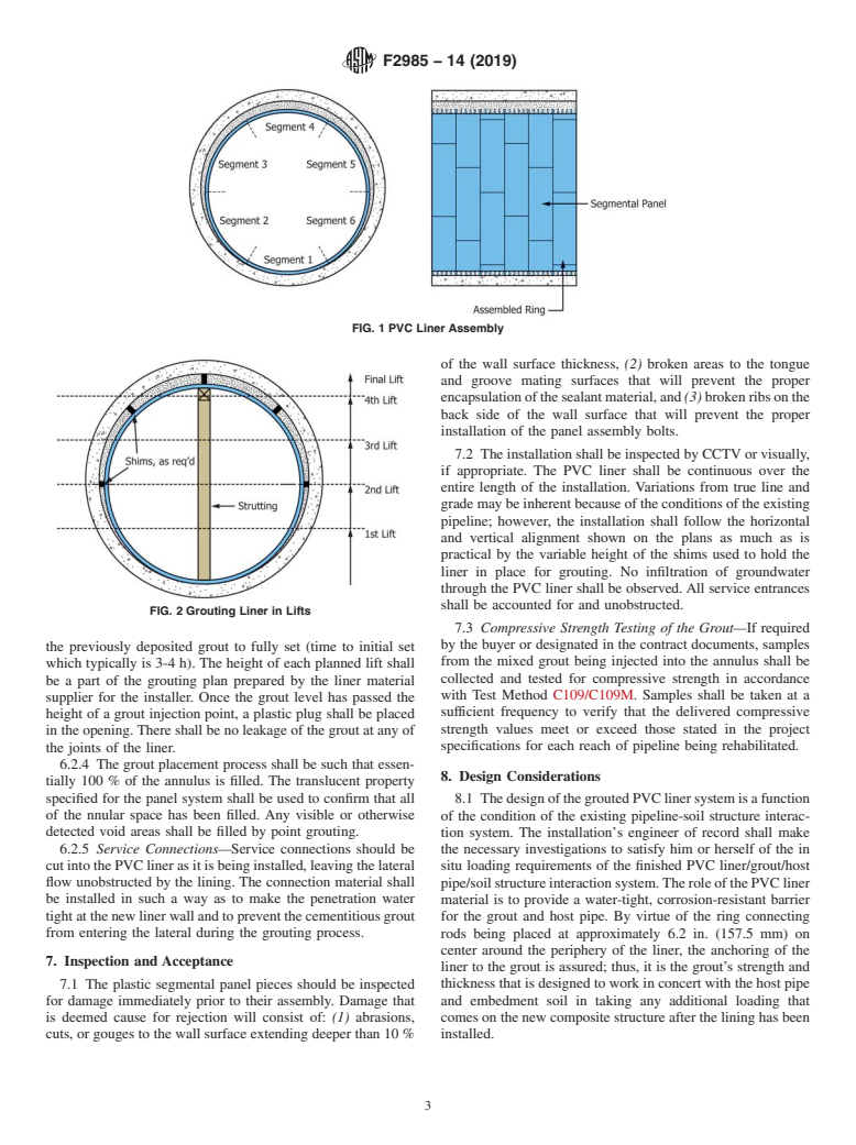 ASTM F2985-14(2019) - Standard Practice for Installation of a PVC Segmental Panel Liner System in Man-Entry  Size Sewers and Conduits