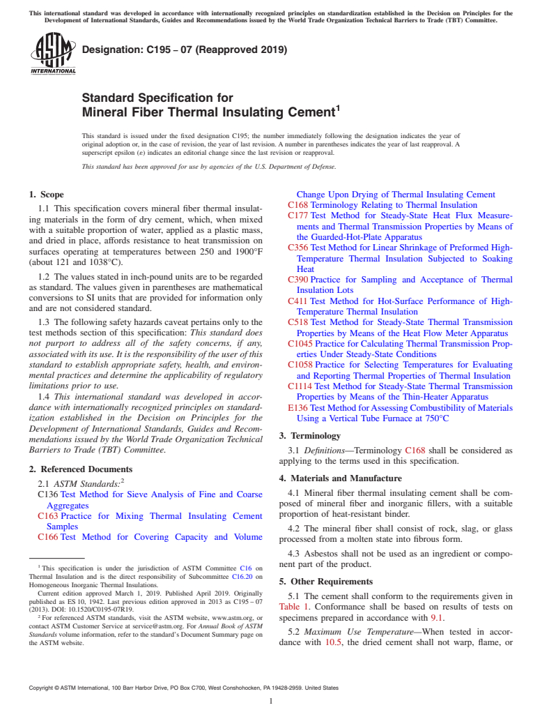 ASTM C195-07(2019) - Standard Specification for  Mineral Fiber Thermal Insulating Cement