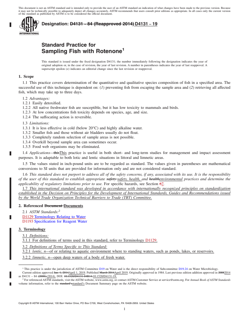 REDLINE ASTM D4131-19 - Standard Practice for  Sampling Fish with Rotenone