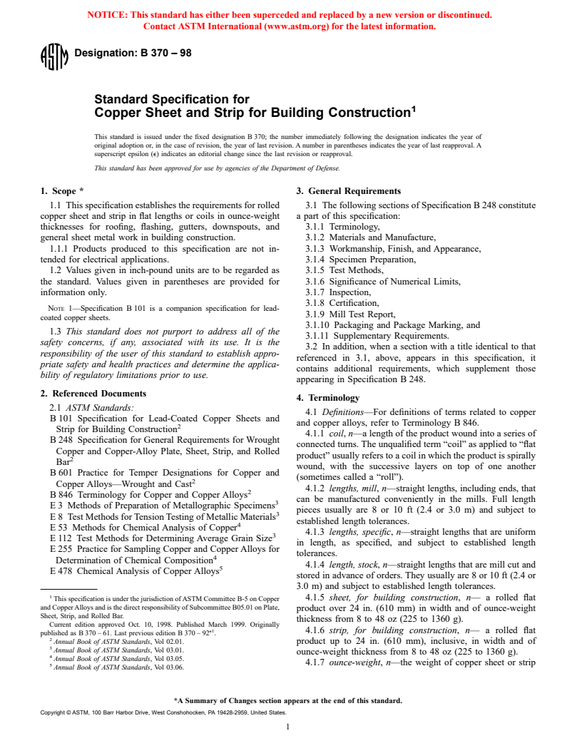 ASTM B370-98 - Standard Specification for Copper Sheet and Strip for Building Construction