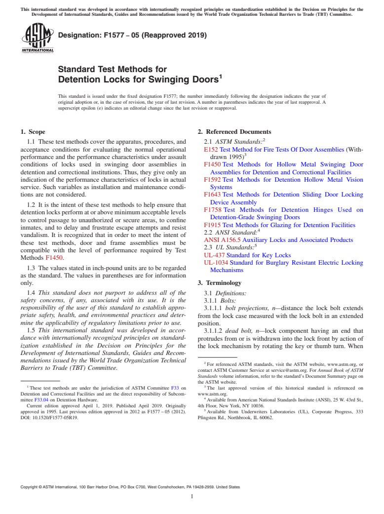ASTM F1577-05(2019) - Standard Test Methods for  Detention Locks for Swinging Doors