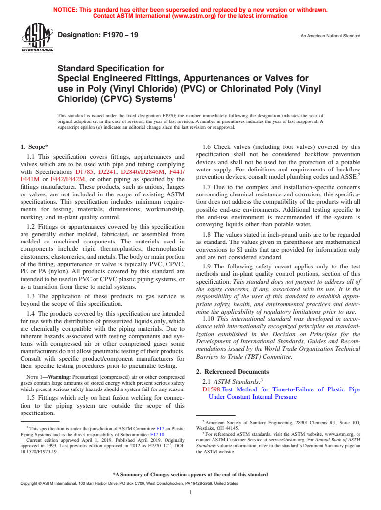 ASTM F1970-19 - Standard Specification for  Special Engineered Fittings, Appurtenances or Valves for use  in Poly  (Vinyl Chloride) (PVC) or Chlorinated Poly (Vinyl Chloride)  (CPVC) Systems