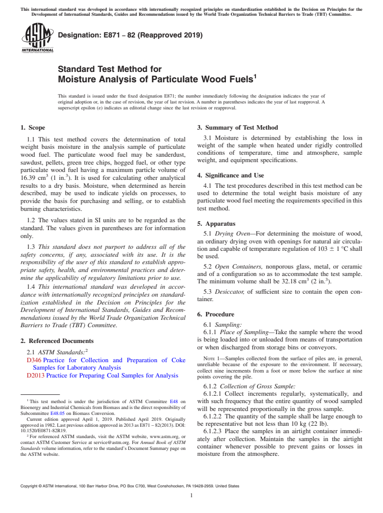 ASTM E871-82(2019) - Standard Test Method for  Moisture Analysis of Particulate Wood Fuels