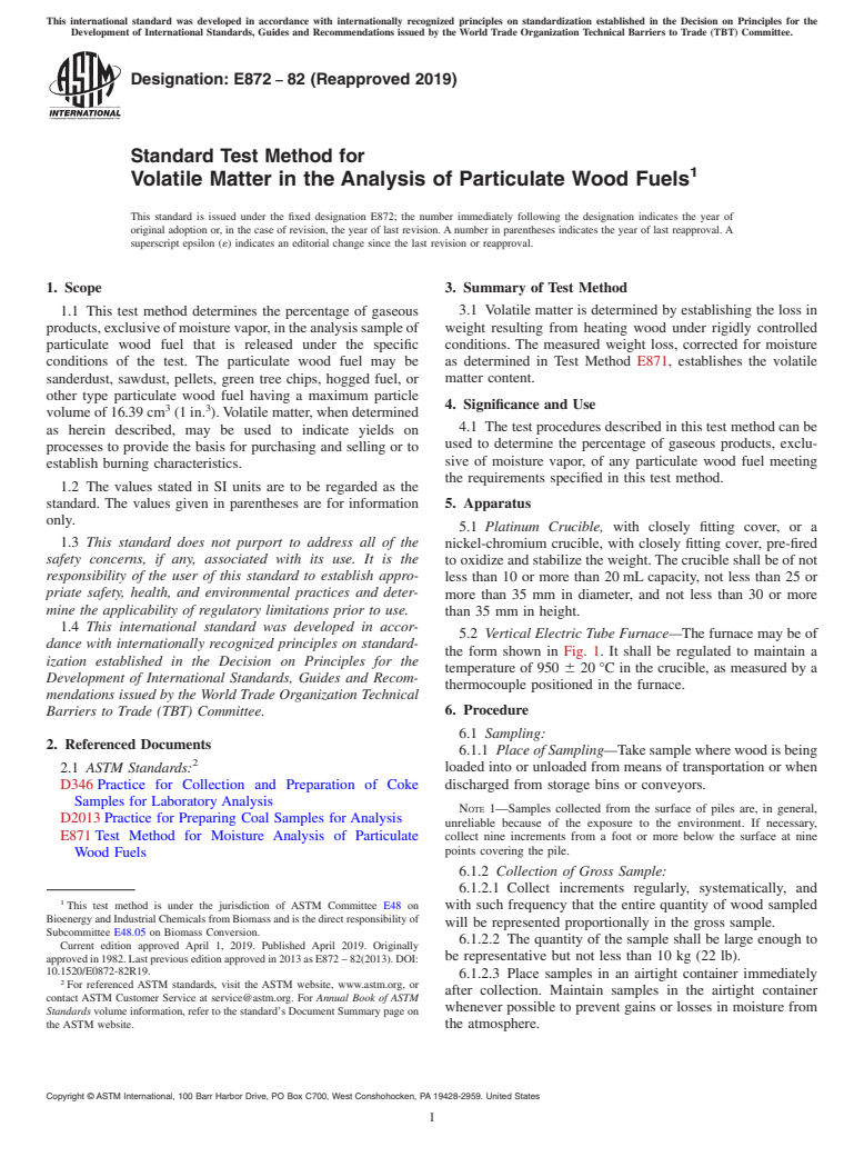 ASTM E872-82(2019) - Standard Test Method for  Volatile Matter in the Analysis of Particulate Wood Fuels