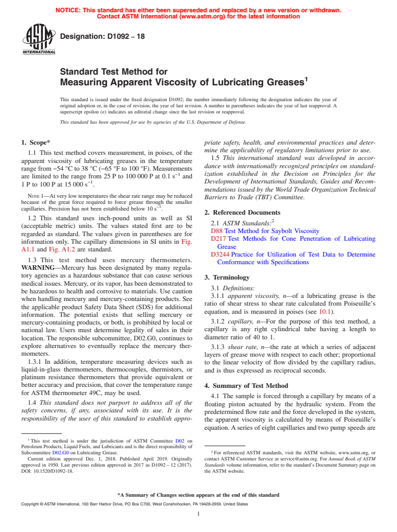 ASTM D1092-18 - Standard Test Method for Measuring Apparent Viscosity of Lubricating Greases