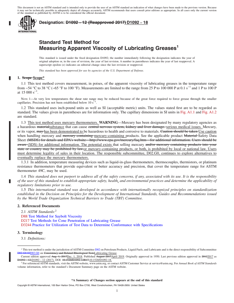 REDLINE ASTM D1092-18 - Standard Test Method for Measuring Apparent Viscosity of Lubricating Greases