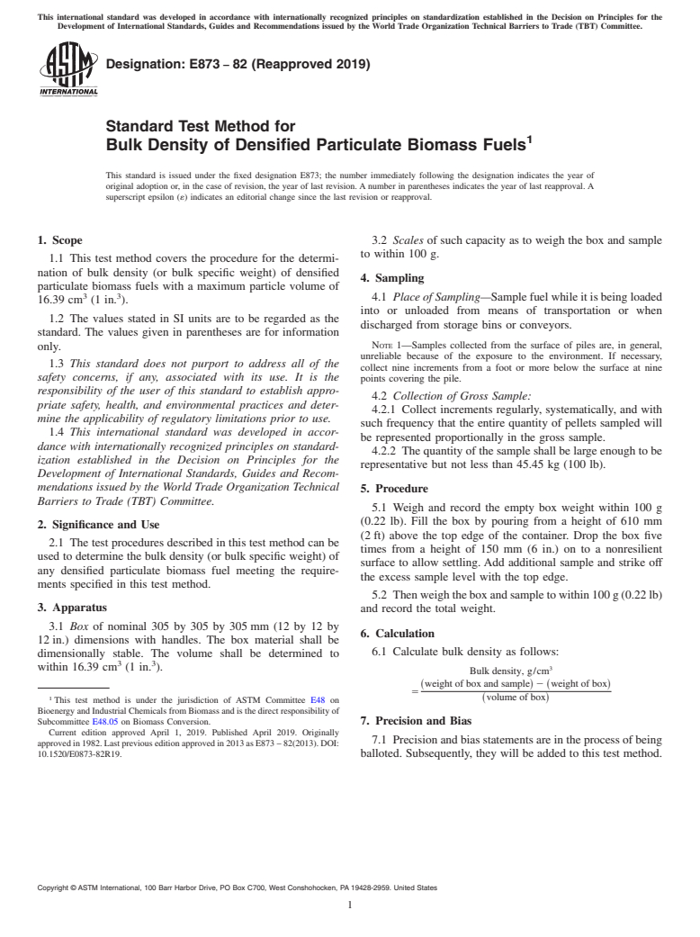 ASTM E873-82(2019) - Standard Test Method for  Bulk Density of Densified Particulate Biomass Fuels