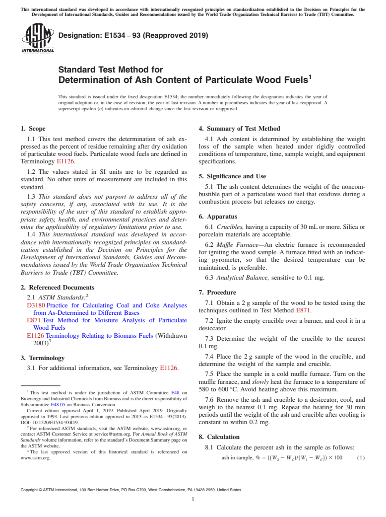 ASTM E1534-93(2019) - Standard Test Method for  Determination of Ash Content of Particulate Wood Fuels