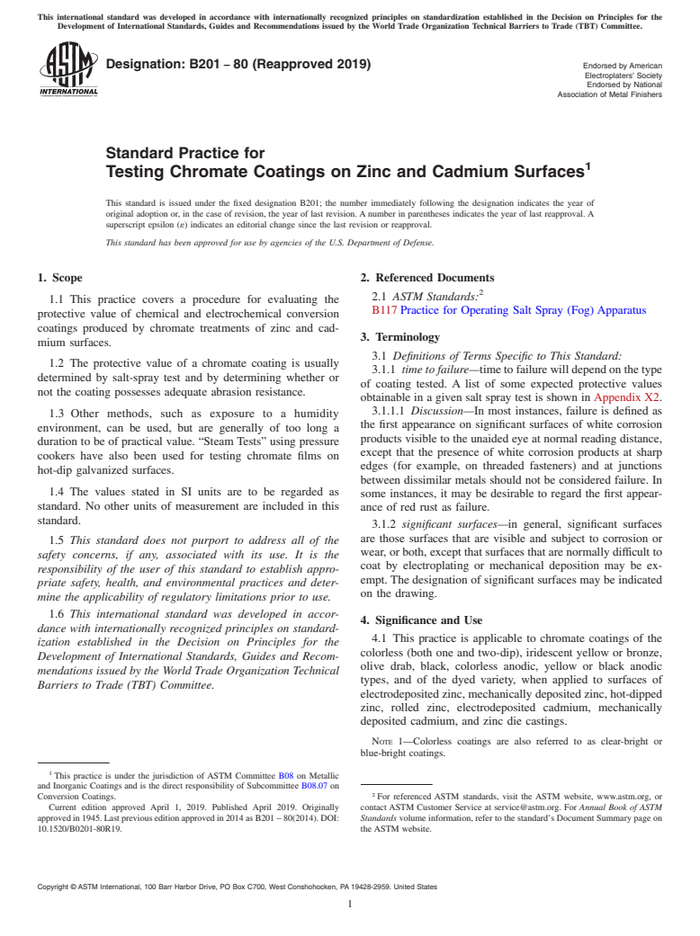 ASTM B201-80(2019) - Standard Practice for  Testing Chromate Coatings on Zinc and Cadmium Surfaces