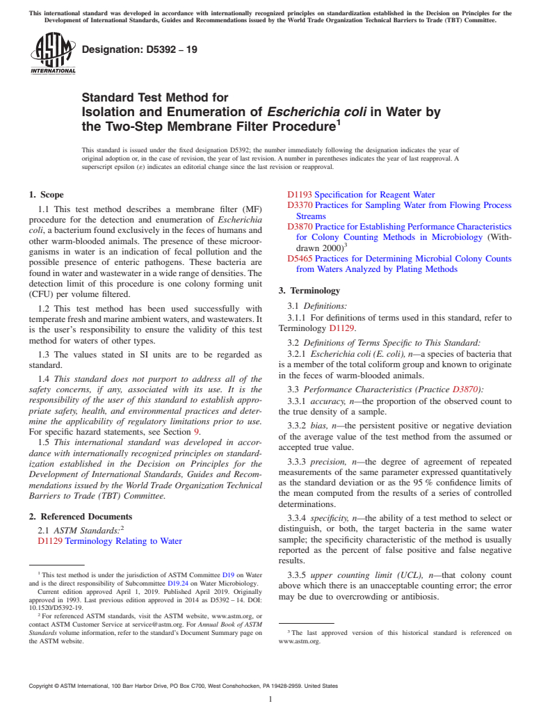 ASTM D5392-19 - Standard Test Method for  Isolation and Enumeration of <emph type="bdit">Escherichia  coli</emph> in Water by the Two-Step Membrane Filter Procedure