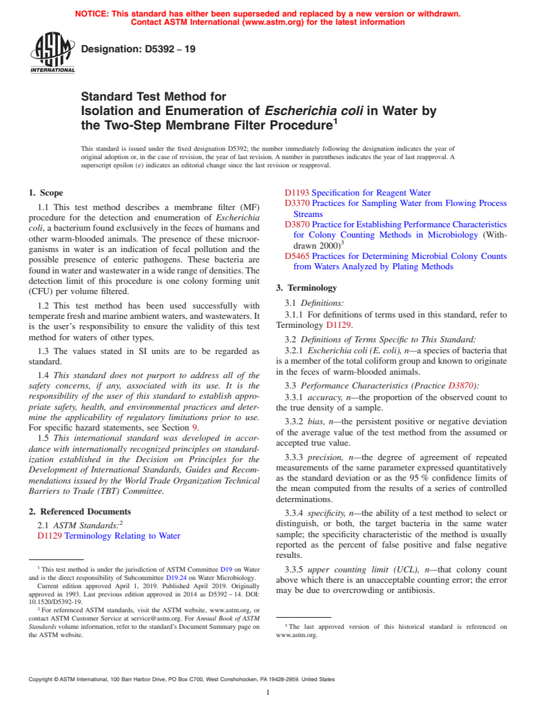 ASTM D5392-19 - Standard Test Method for  Isolation and Enumeration of <emph type="bdit">Escherichia  coli</emph> in Water by the Two-Step Membrane Filter Procedure