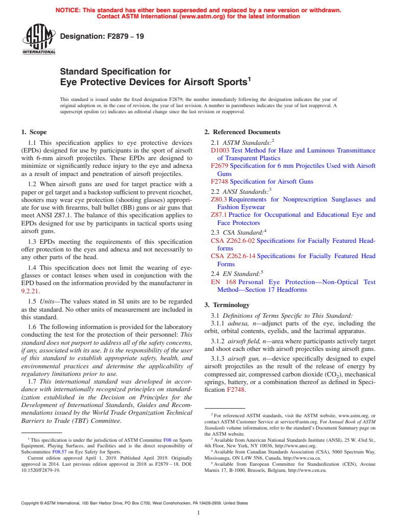 ASTM F2879-19 - Standard Specification for Eye Protective Devices for Airsoft Sports