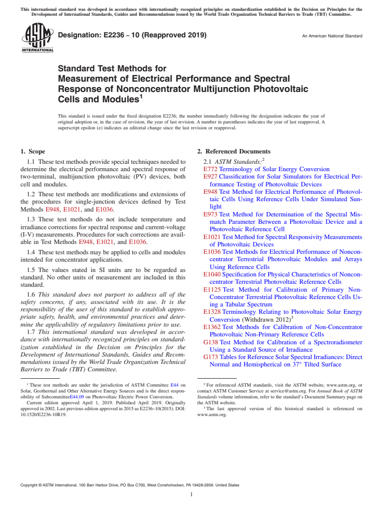 ASTM E2236-10(2019) - Standard Test Methods for  Measurement of Electrical Performance and Spectral Response  of Nonconcentrator Multijunction Photovoltaic Cells and Modules