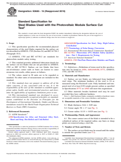ASTM E2685-15(2019) ASTM E2685-15(2019) - Standard Specification for Steel Blades Used with the Photovoltaic Module Surface Cut Test - Page 1 preview