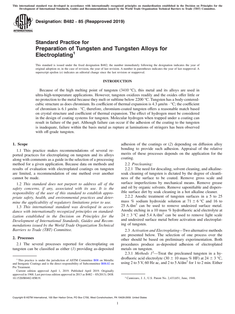 ASTM B482-85(2019) - Standard Practice for  Preparation of Tungsten and Tungsten Alloys for Electroplating