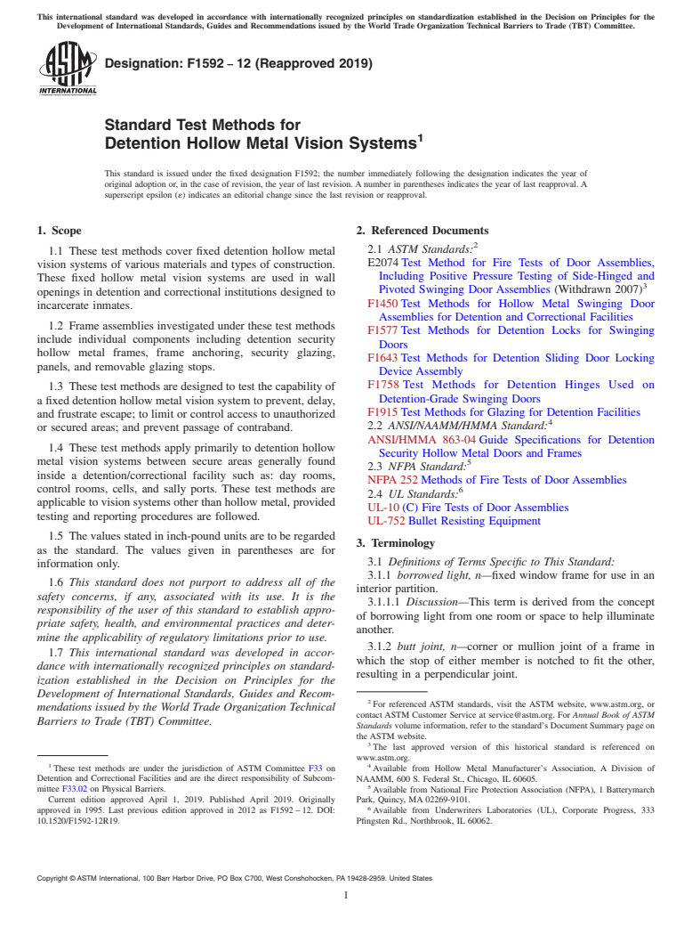 ASTM F1592-12(2019) - Standard Test Methods for Detention Hollow Metal Vision Systems