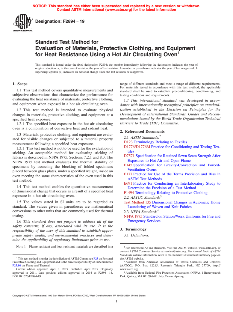 ASTM F2894-19 - Standard Test Method for  Evaluation of Materials, Protective Clothing, and Equipment  for Heat Resistance Using a Hot Air Circulating Oven