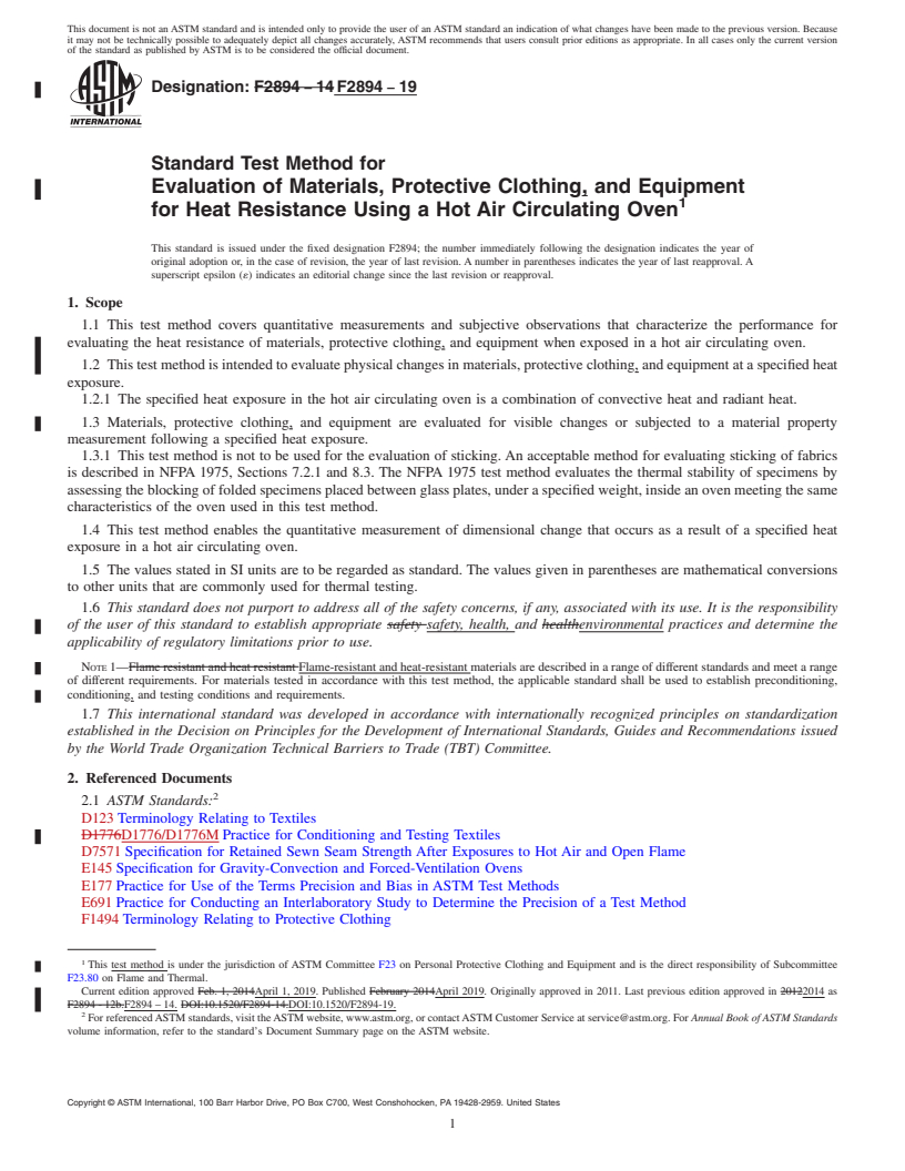 REDLINE ASTM F2894-19 - Standard Test Method for  Evaluation of Materials, Protective Clothing, and Equipment  for Heat Resistance Using a Hot Air Circulating Oven