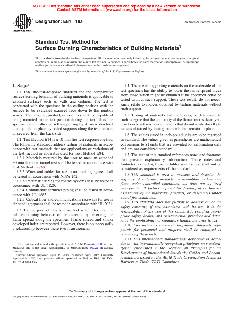 ASTM E84-19a - Standard Test Method for  Surface Burning Characteristics of Building Materials