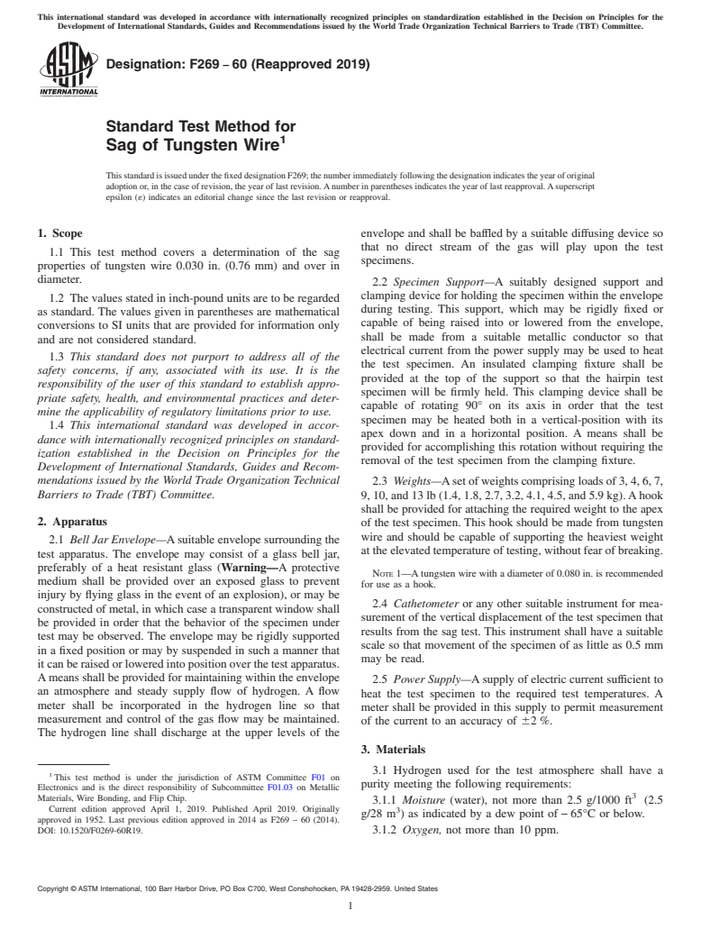 ASTM F269-60(2019) - Standard Test Method for  Sag of Tungsten Wire