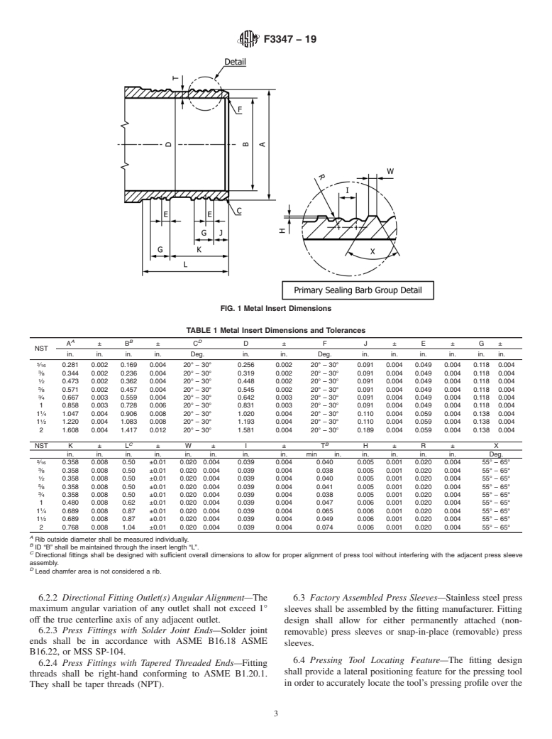 ASTM F3347-19 - Standard Specification for  Metal Press Insert Fittings with Factory Assembled Stainless  Steel Press Sleeve for SDR9 Cross-linked Polyethylene (PEX) Tubing
