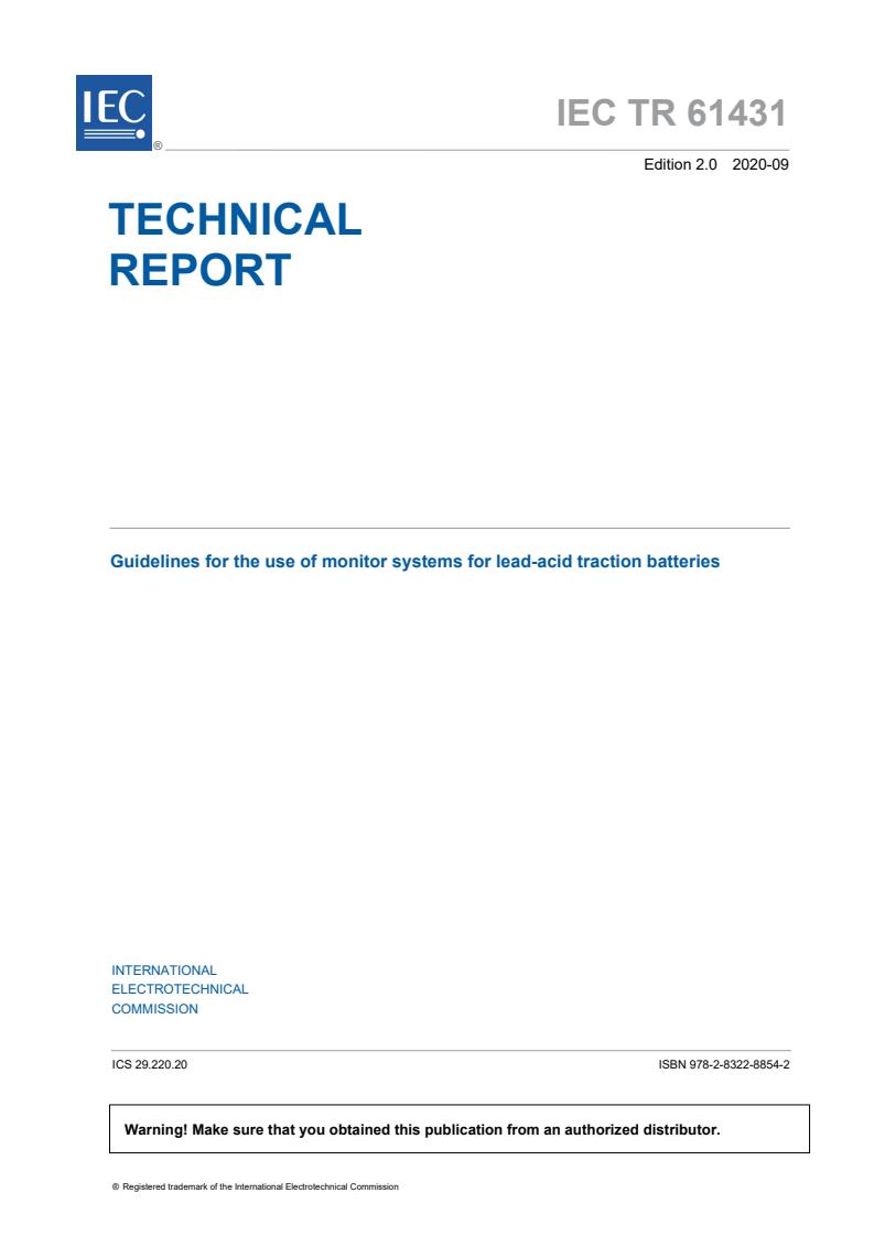 IEC TR 61431:2020 - Guidelines for the use of monitor systems for lead-acid traction batteries