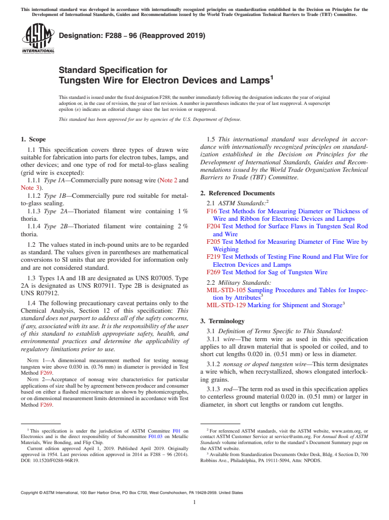 ASTM F288-96(2019) - Standard Specification for  Tungsten Wire for Electron Devices and Lamps